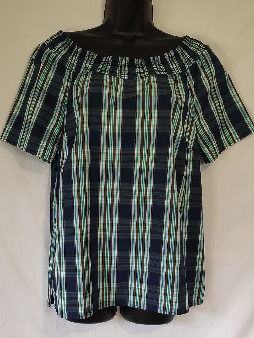 Talbots Navy and Aqua Plaid Off-Shoulder Blouse